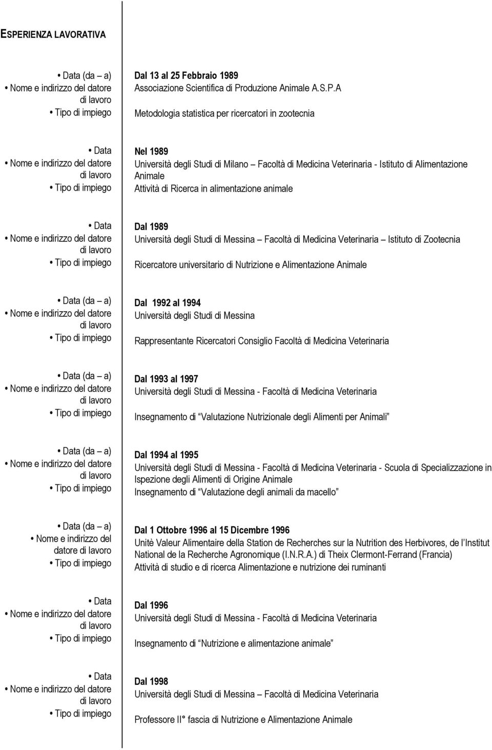 universitario di Nutrizione e Alimentazione Animale (da a) Dal 1992 al 1994 Rappresentante Ricercatori Consiglio Facoltà di Medicina Veterinaria (da a) Dal 1993 al 1997 - Facoltà di Medicina