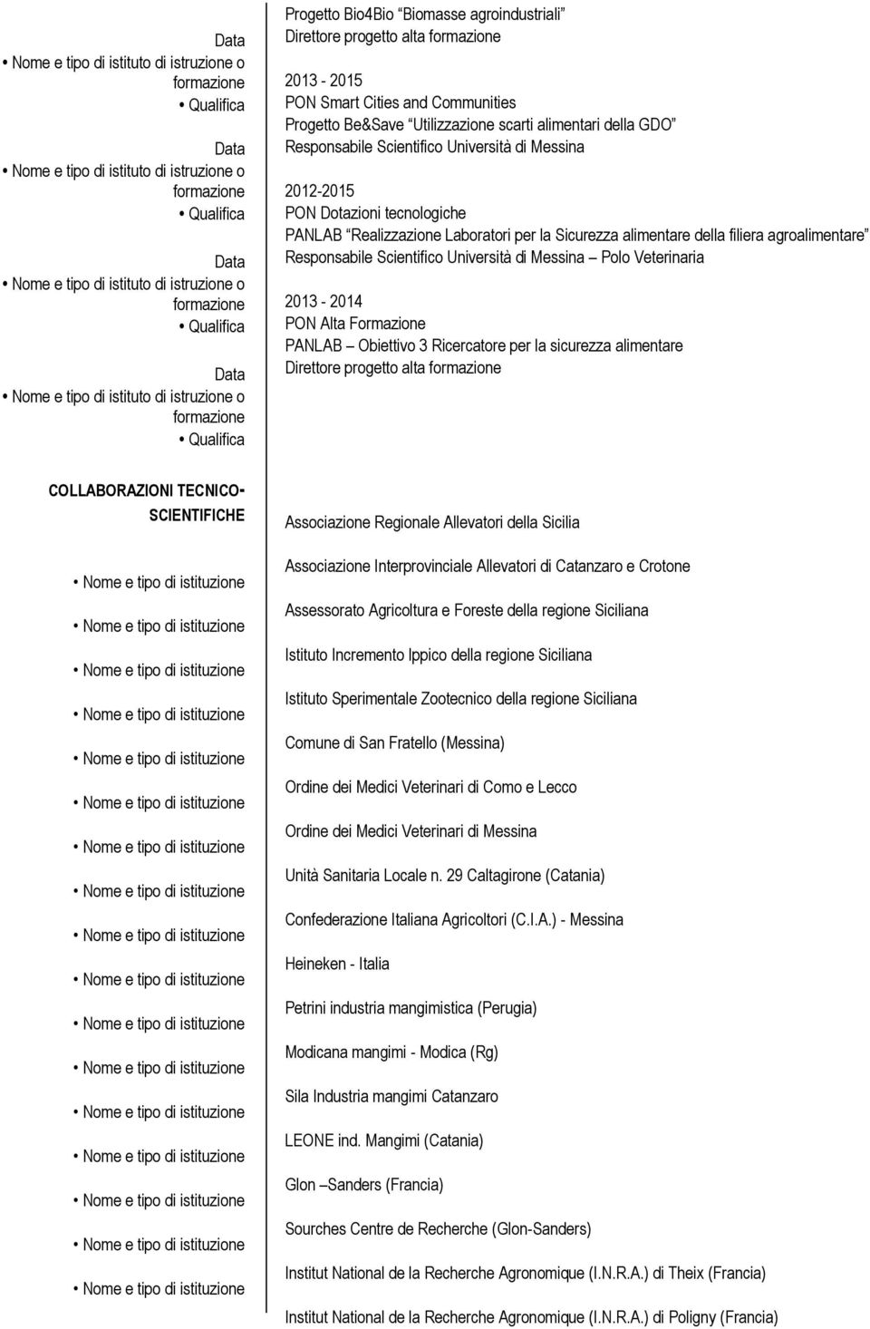 Veterinaria 2013-2014 PON Alta Formazione PANLAB Obiettivo 3 Ricercatore per la sicurezza alimentare Direttore progetto alta COLLABORAZIONI TECNICO- SCIENTIFICHE Associazione Regionale Allevatori