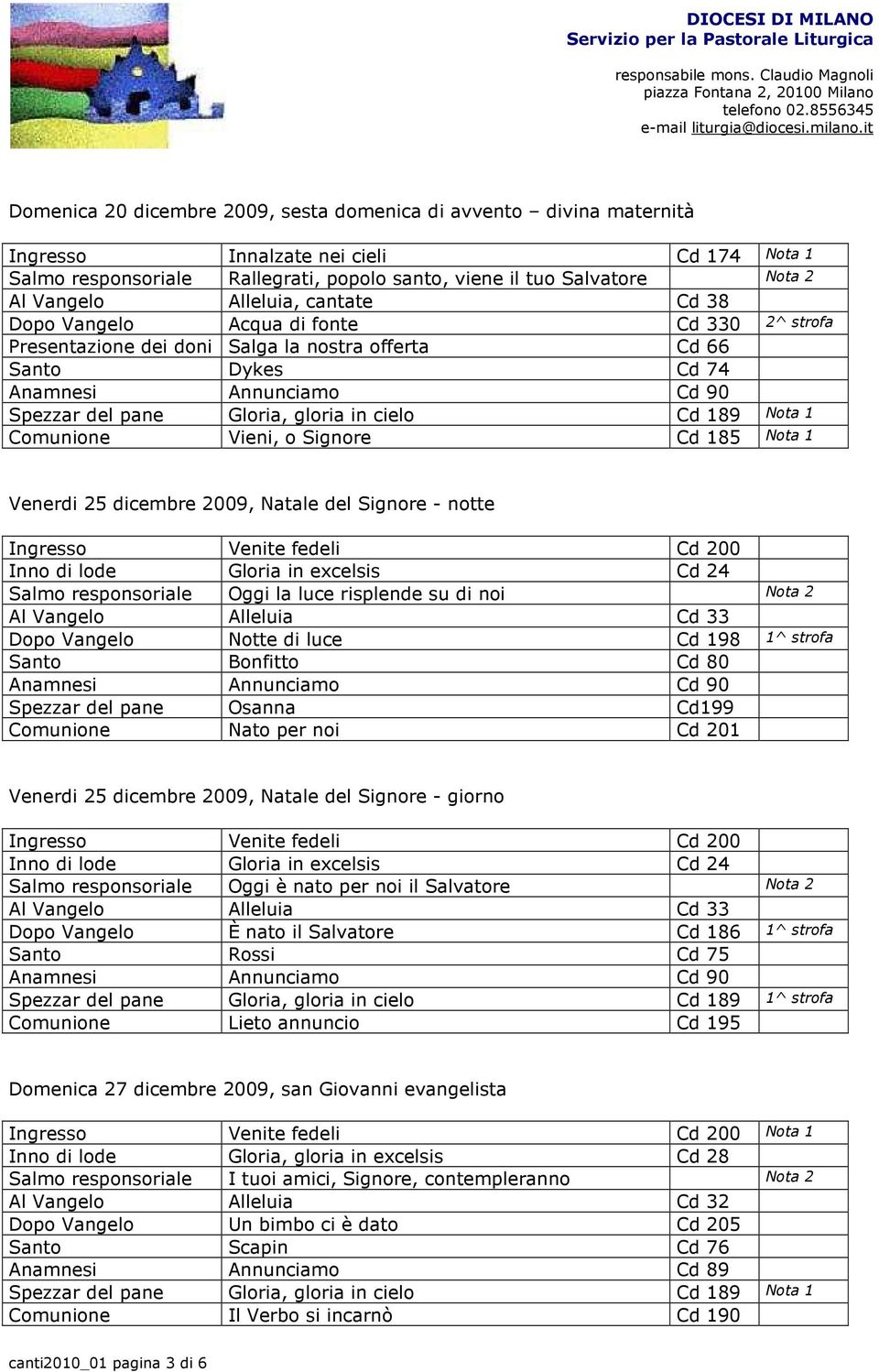 la luce risplende su di noi Nota 2 Dopo Vangelo Notte di luce Cd 198 1^ strofa Santo Bonfitto Cd 80 Spezzar del pane Osanna Cd199 Comunione Nato per noi Cd 201 Venerdi 25 dicembre 2009, Natale del