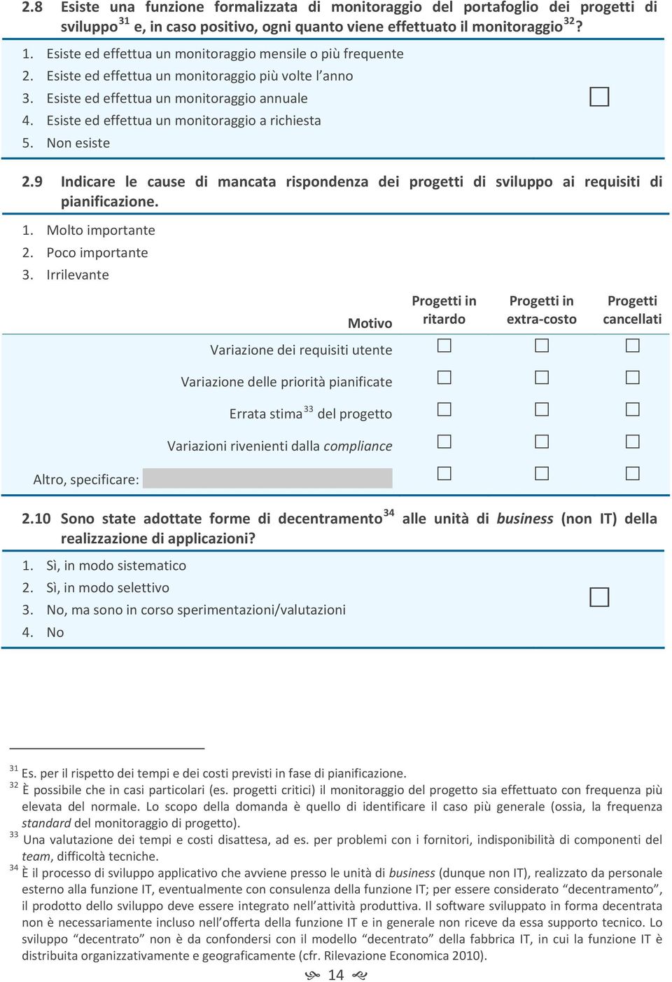 Esiste ed effettua un monitoraggio a richiesta 5. Non esiste 2.9 Indicare le cause di mancata rispondenza dei progetti di sviluppo ai requisiti di pianificazione. 1. Molto importante 2.