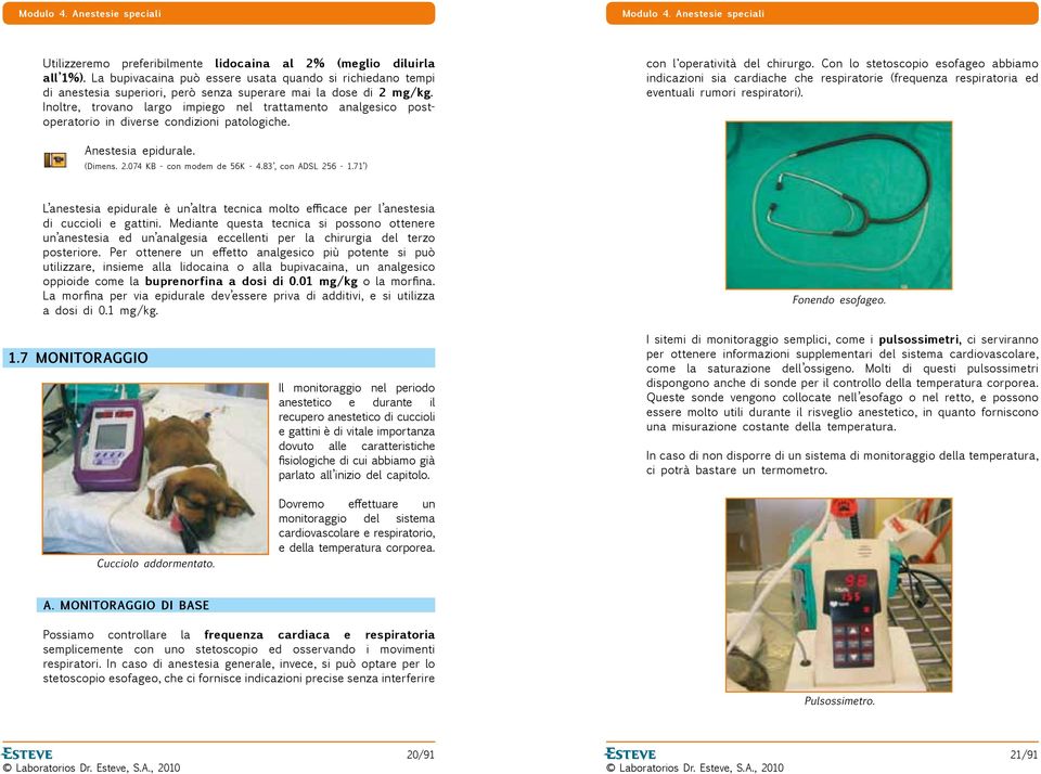 Con lo stetoscopio esofageo abbiamo indicazioni sia cardiache che respiratorie (frequenza respiratoria ed eventuali rumori respiratori). Anestesia epidurale. (Dimens. 2.074 KB - con modem de 56K - 4.