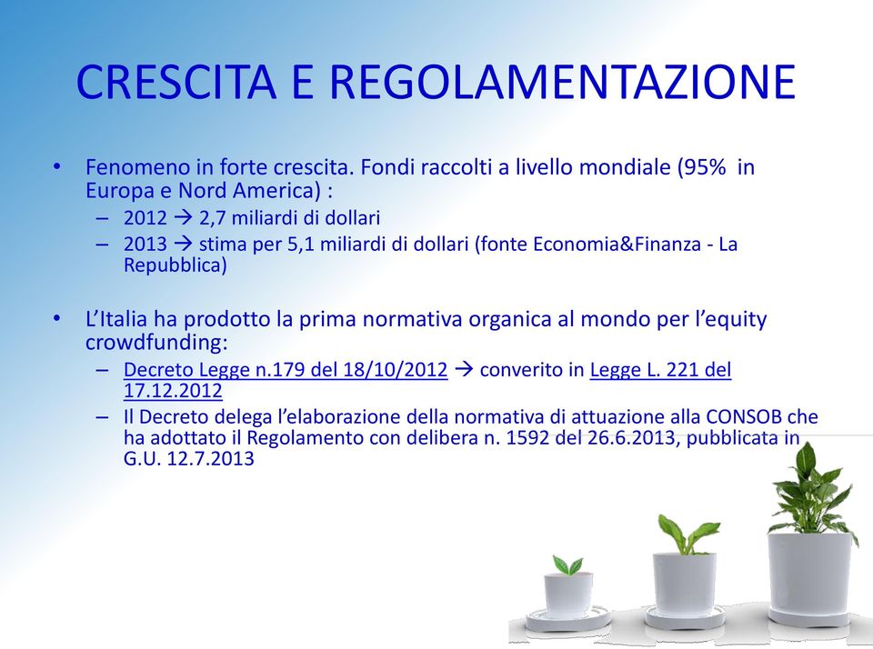 (fonte Economia&Finanza - La Repubblica) L Italia ha prodotto la prima normativa organica al mondo per l equity crowdfunding: Decreto Legge