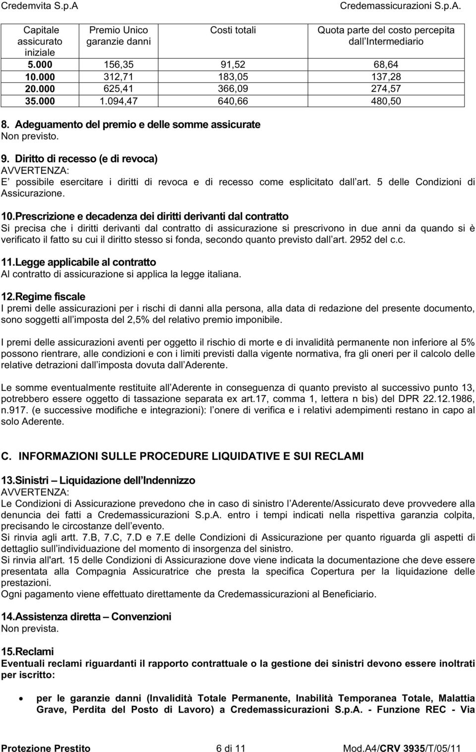 Diritto di recesso (e di revoca) AVVERTENZA: E possibile esercitare i diritti di revoca e di recesso come esplicitato dall art. 5 delle Condizioni di Assicurazione. 10.