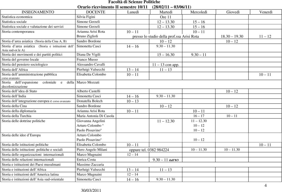 30 11 12 Storia d area asiatica (Storia della Cina A, B) Sandro Bordone 10 12 10 12 Storia d area asiatica (Storia e istituzioni dell Simonetta Casci 14 16 9.30 11.30 Asia sud-or.