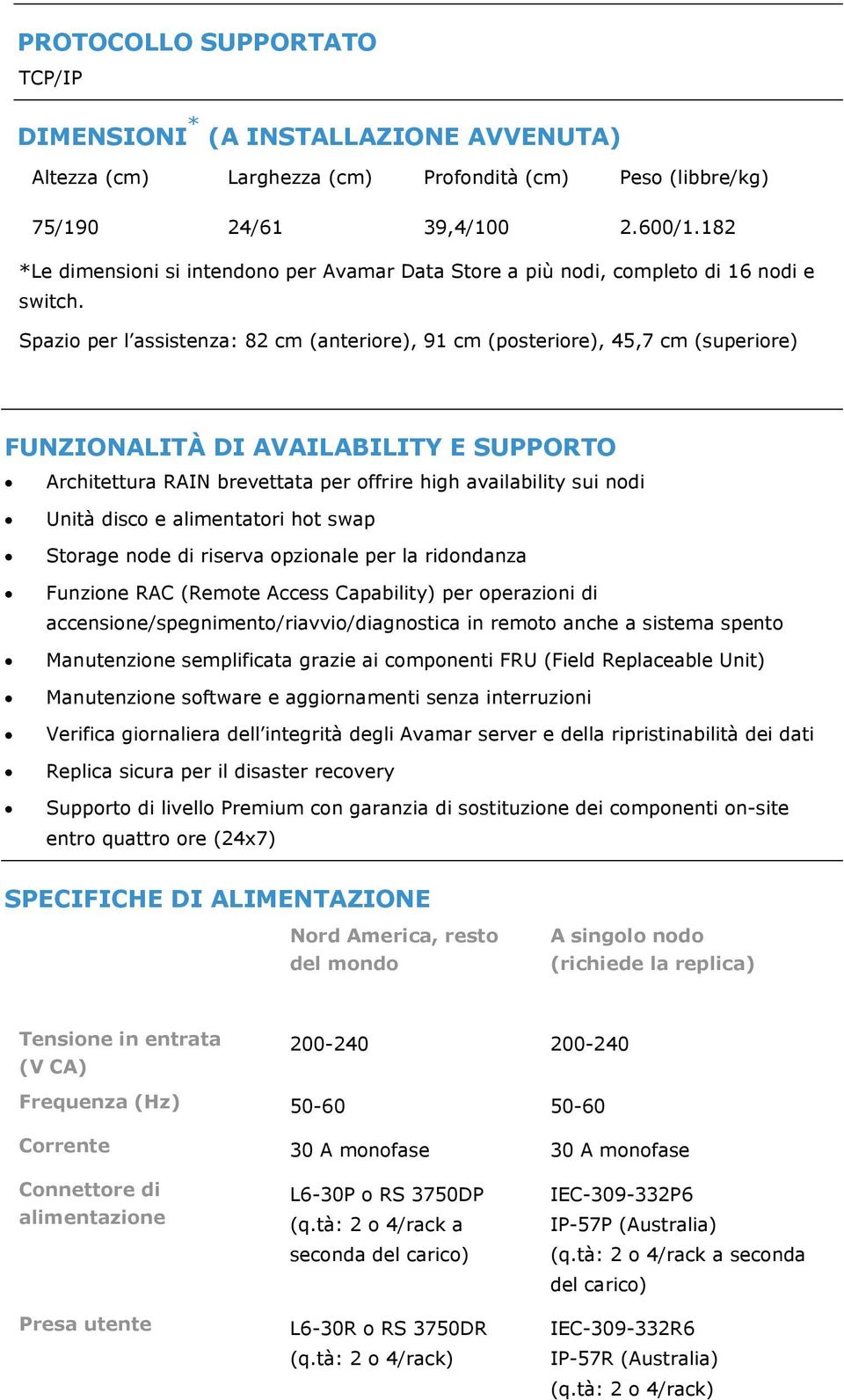 Spazio per l assistenza: 82 cm (anteriore), 91 cm (posteriore), 45,7 cm (superiore) FUNZIONALITÀ DI AVAILABILITY E SUPPORTO Architettura RAIN brevettata per offrire high availability sui nodi Unità