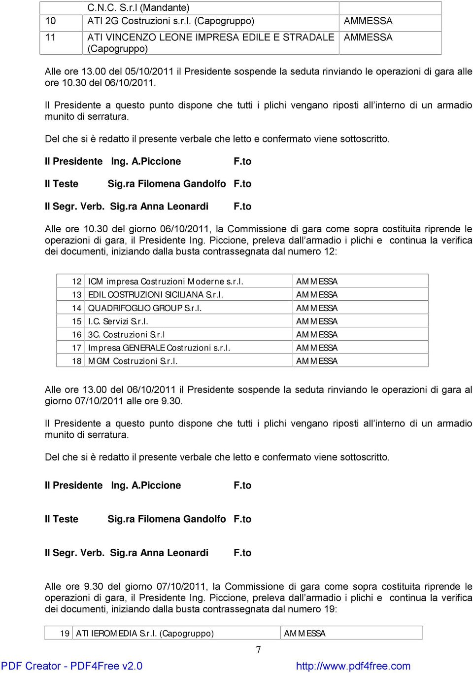 30 del giorno 06/10/2011, la Commissione di gara come sopra costituita riprende le dei documenti, iniziando dalla busta contrassegnata dal numero 12: 12 ICM impresa Costruzioni Moderne s.r.l. AMMESSA 13 EDIL COSTRUZIONI SICILIANA S.