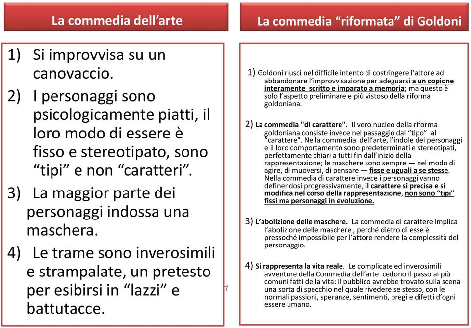 La commedia riformata di Goldoni 1) Goldoni riuscì nel difficile intento di costringere l attore ad abbandonare l improvvisazione per adeguarsi a un copione interamente scritto e imparato a memoria;