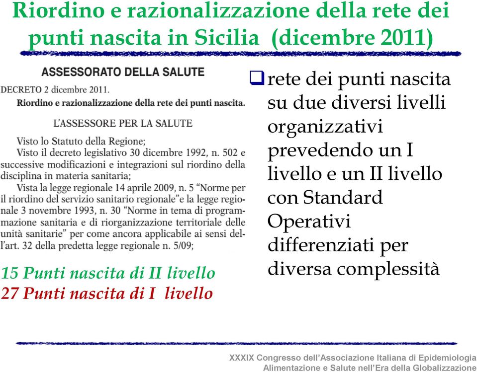 rete dei punti nascita su due diversi livelli organizzativi prevedendo un I