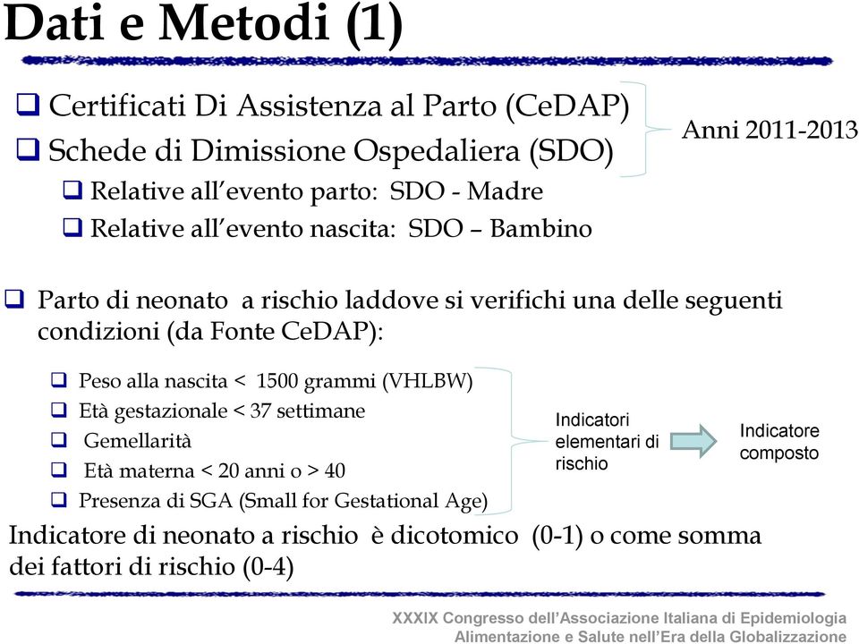 alla nascita < 1500 grammi (VHLBW) Età gestazionale < 37 settimane Gemellarità Età materna < 20 anni o > 40 Indicatori elementari di rischio