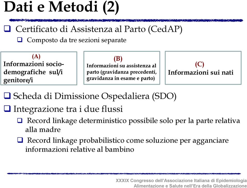 parto) (C) Informazioni sui nati Scheda di Dimissione Ospedaliera (SDO) Integrazione tra i due flussi Record linkage