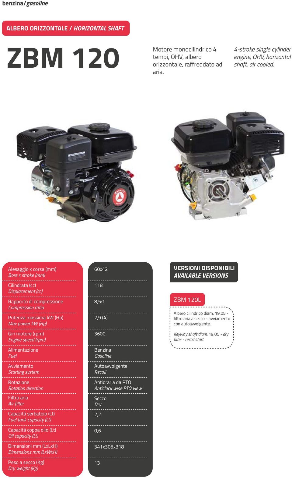 Alesaggio x corsa (mm) Bore x stroke (mm) Cilindrata (cc) Displacement (cc) Rapporto di compressione Compression ratio Potenza massima kw (Hp) Max power kw (Hp) Giri motore (rpm) Engine speed (rpm)