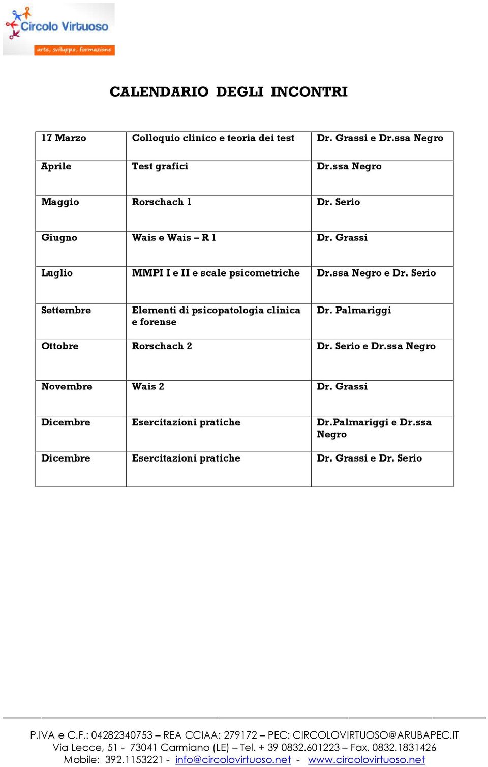 ssa Negro e Dr. Serio Settembre Elementi di psicopatologia clinica e forense Dr. Palmariggi Ottobre Rorschach 2 Dr. Serio e Dr.