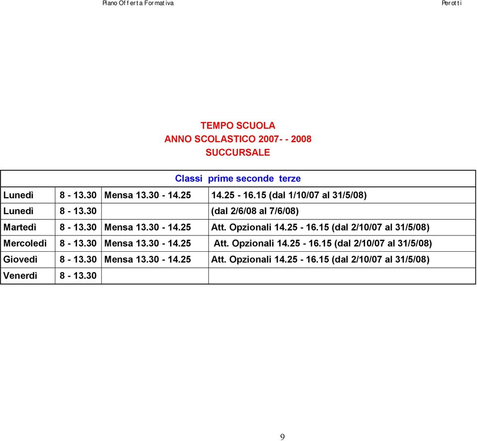 Opzionali 14.25-16.15 (dal 2/10/07 al 31/5/08) Mercoledì 8-13.30 Mensa 13.30-14.25 Att. Opzionali 14.25-16.15 (dal 2/10/07 al 31/5/08) Giovedì 8-13.