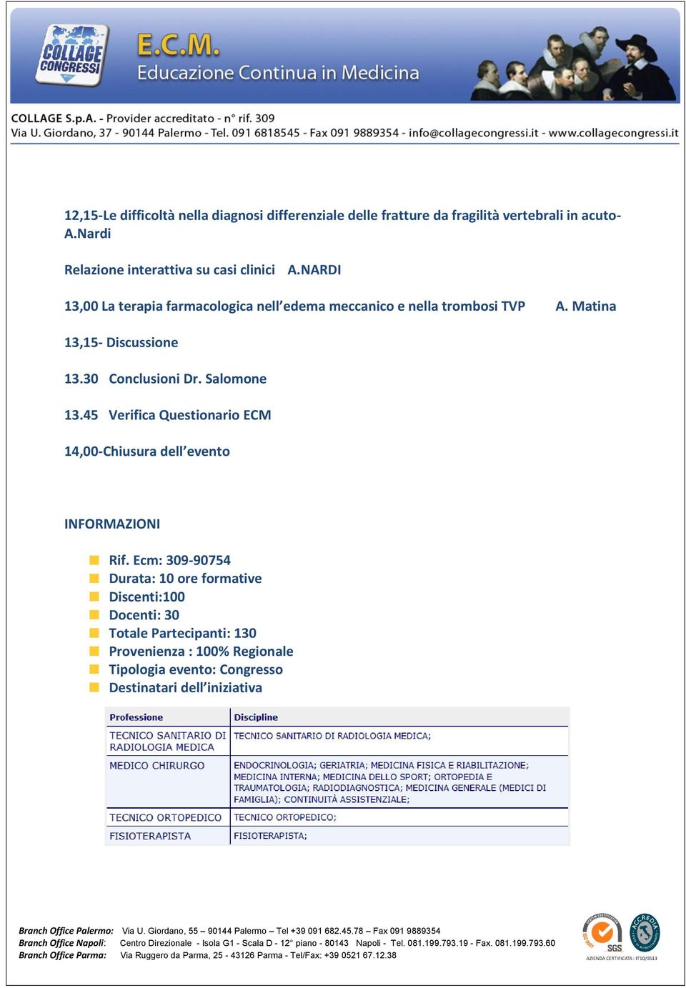 Matina 13,15- Discussione 13.30 Conclusioni Dr. Salomone 13.45 Verifica Questionario ECM 14,00-Chiusura dell evento INFORMAZIONI Rif.