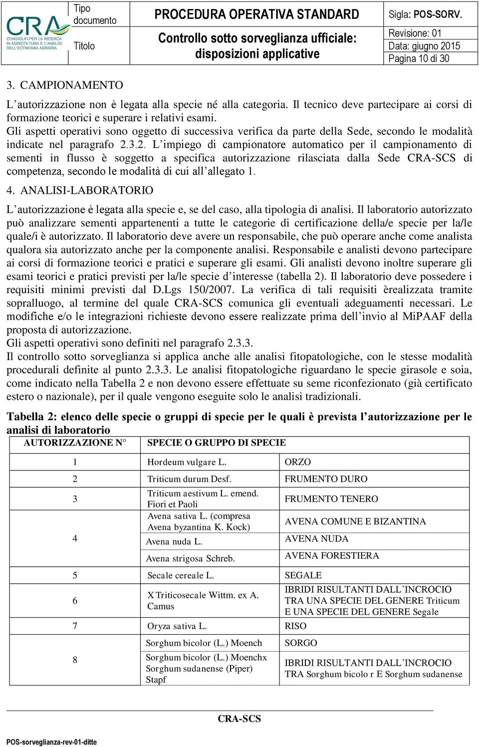 3.2. L impiego di campionatore automatico per il campionamento di sementi in flusso è soggetto a specifica autorizzazione rilasciata dalla Sede di competenza, secondo le modalità di cui all allegato