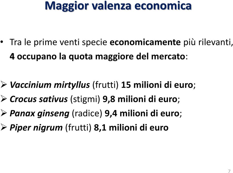 (frutti) 15 milioni di euro; Crocus sativus (stigmi) 9,8 milioni di euro;