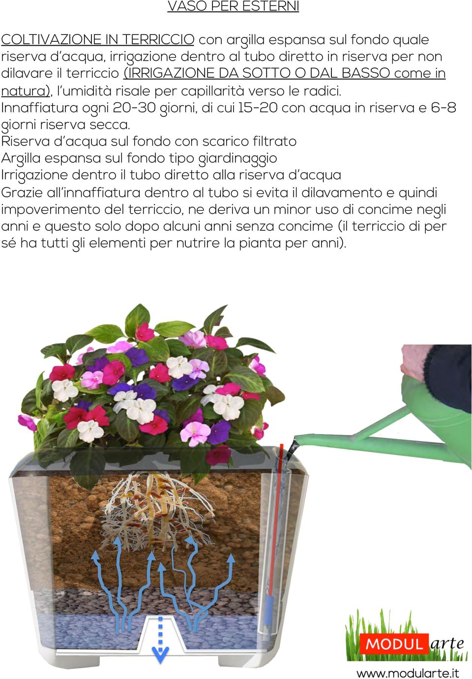 Riserva d acqua sul fondo con scarico filtrato Argilla espansa sul fondo tipo giardinaggio Irrigazione dentro il tubo diretto alla riserva d acqua Grazie all