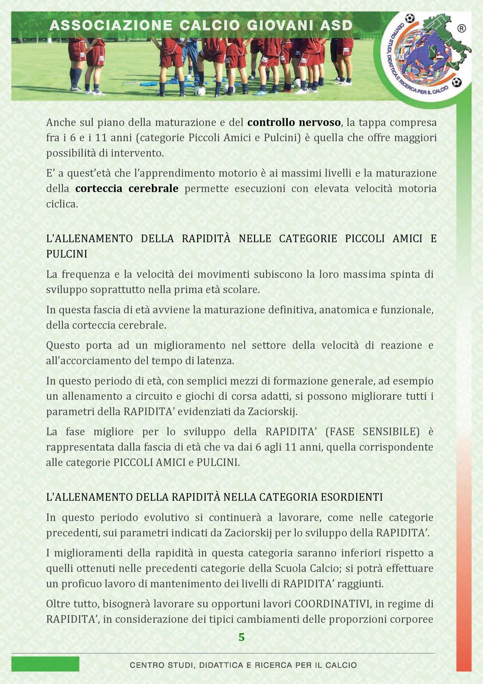 L'ALLENAMENTO DELLA RAPIDITÀ NELLE CATEGORIE PICCOLI AMICI E PULCINI La frequenza e la velocità dei movimenti subiscono la loro massima spinta di sviluppo soprattutto nella prima età scolare.