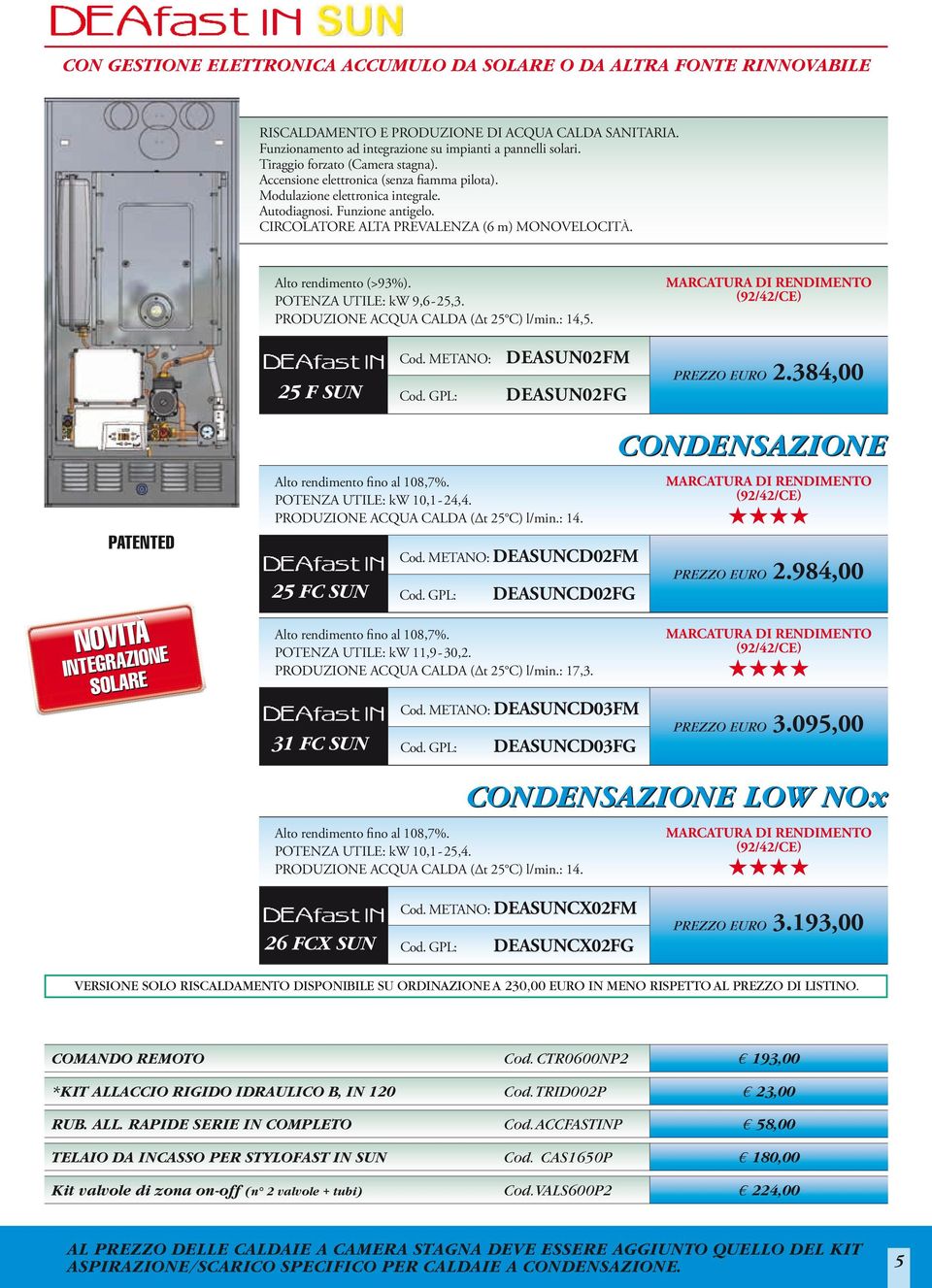 384,00 PATENTEd Novità Integrazione Solare Alto rendimento fino al 108,7%. POTENZA UTILE: kw 10,1-24,4. PRODUZIONE ACQUA CALDA ( t 25 C) l/min.: 14. 25 FC SUN Alto rendimento fino al 108,7%.