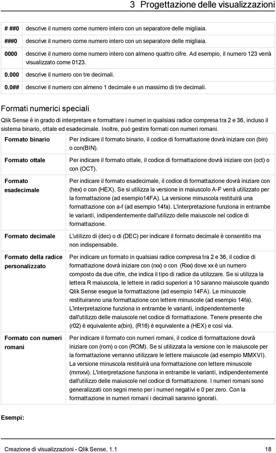 Formati numerici speciali Qlik Sense è in grado di interpretare e formattare i numeri in qualsiasi radice compresa tra 2 e 36, incluso il sistema binario, ottale ed esadecimale.