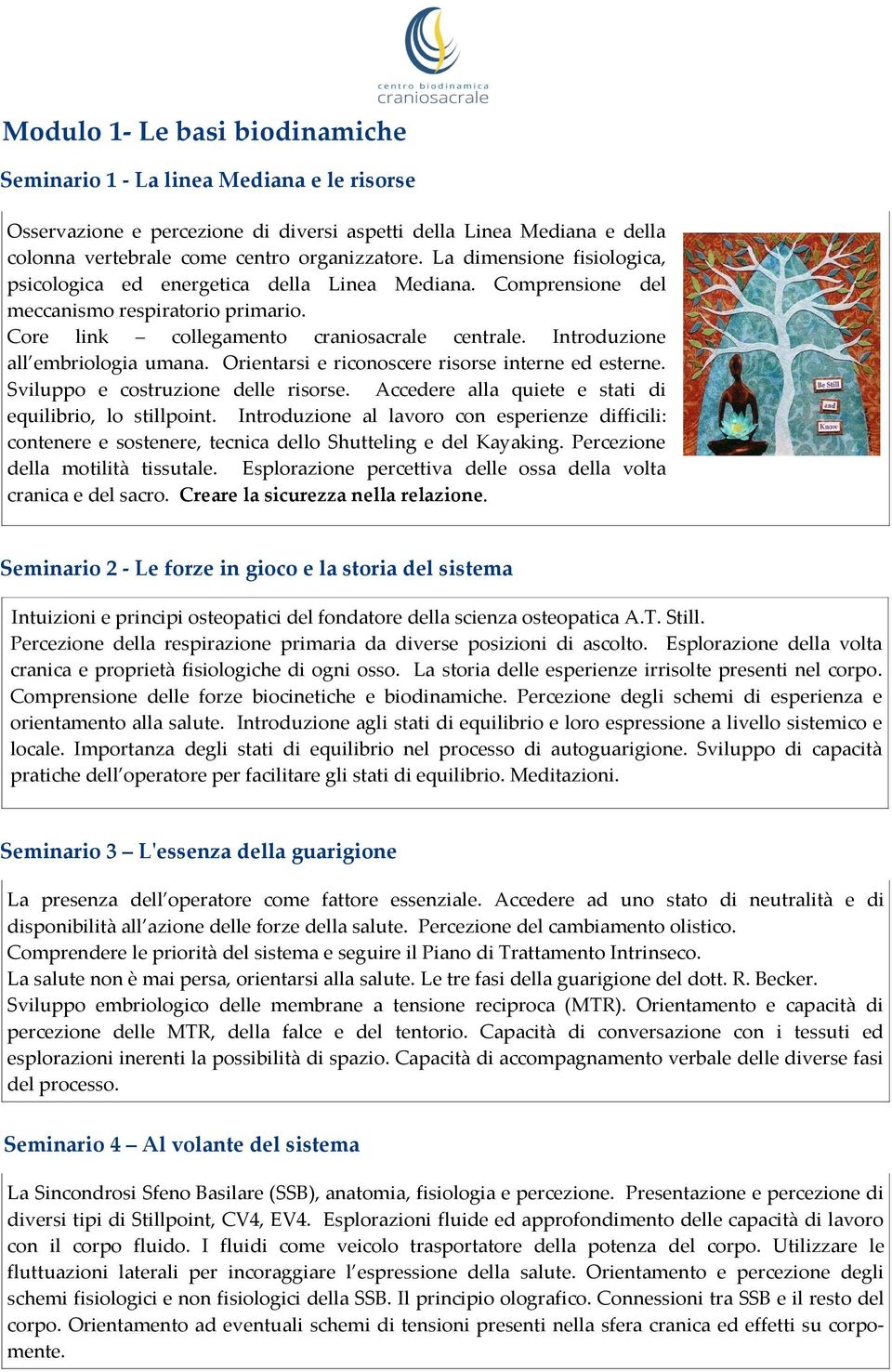 Introduzione all embriologia umana. Orientarsi e riconoscere risorse interne ed esterne. Sviluppo e costruzione delle risorse. Accedere alla quiete e stati di equilibrio, lo stillpoint.