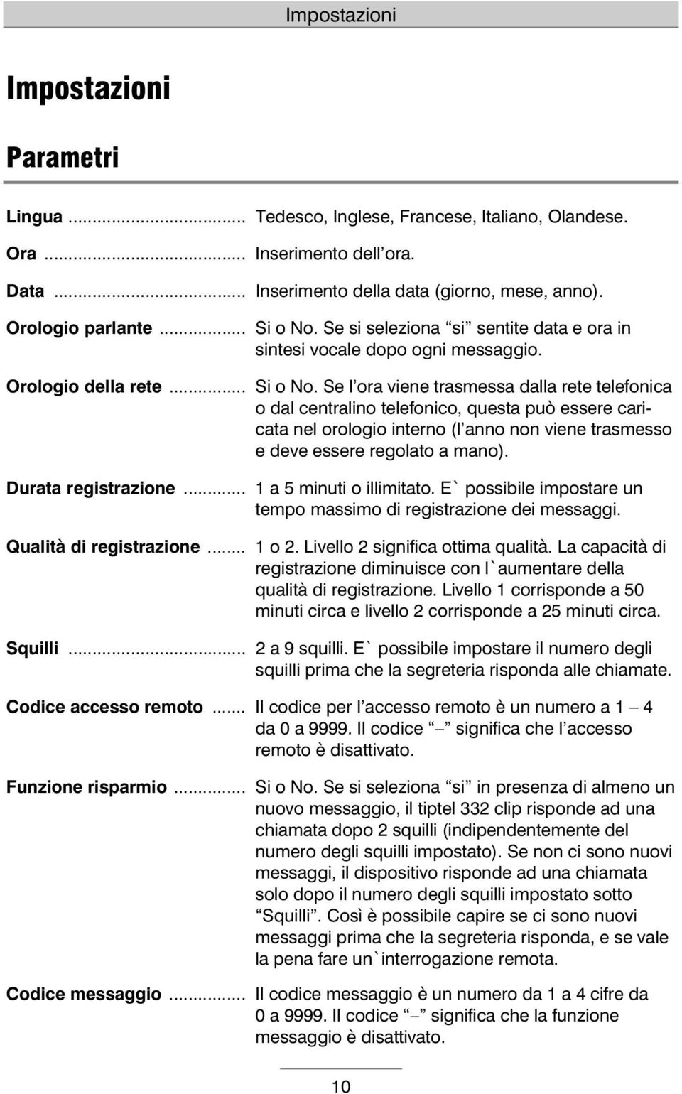 Se si seleziona si sentite data e ora in sintesi vocale dopo ogni messaggio. Si o No.