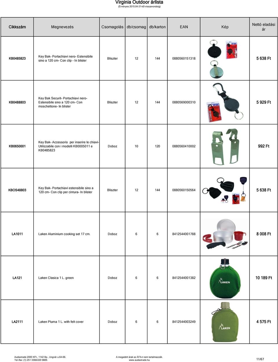 992 Ft KBOS48803 Key Bak- Portachiavi estensibile sino a 120 cm- Con clip per cintura- In blister Bliszter 12 144 0880560150564 5 638 Ft LA1011 Laken Aluminium cooking set 17 cm.