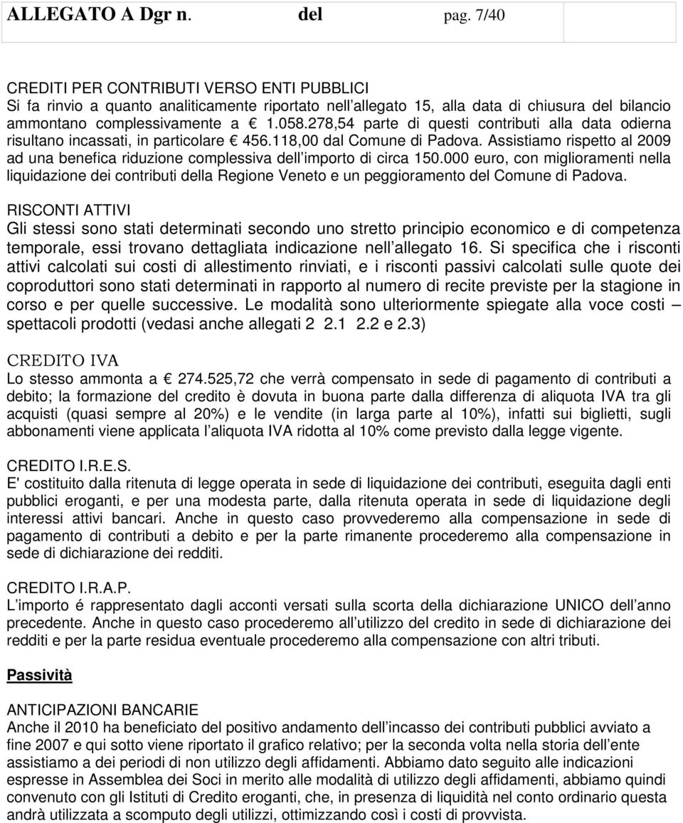 278,54 parte di questi contributi alla data odierna risultano incassati, in particolare 456.118,00 dal Comune di Padova.