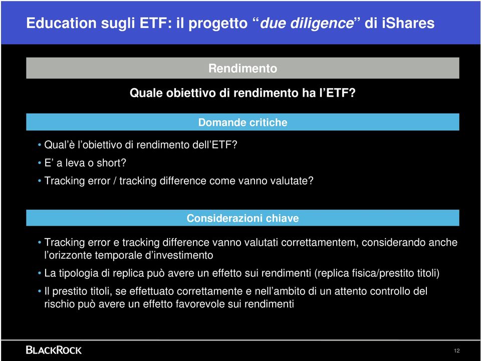 Considerazioni chiave Tracking error e tracking difference vanno valutati correttamentem, considerando anche l orizzonte temporale d investimento La