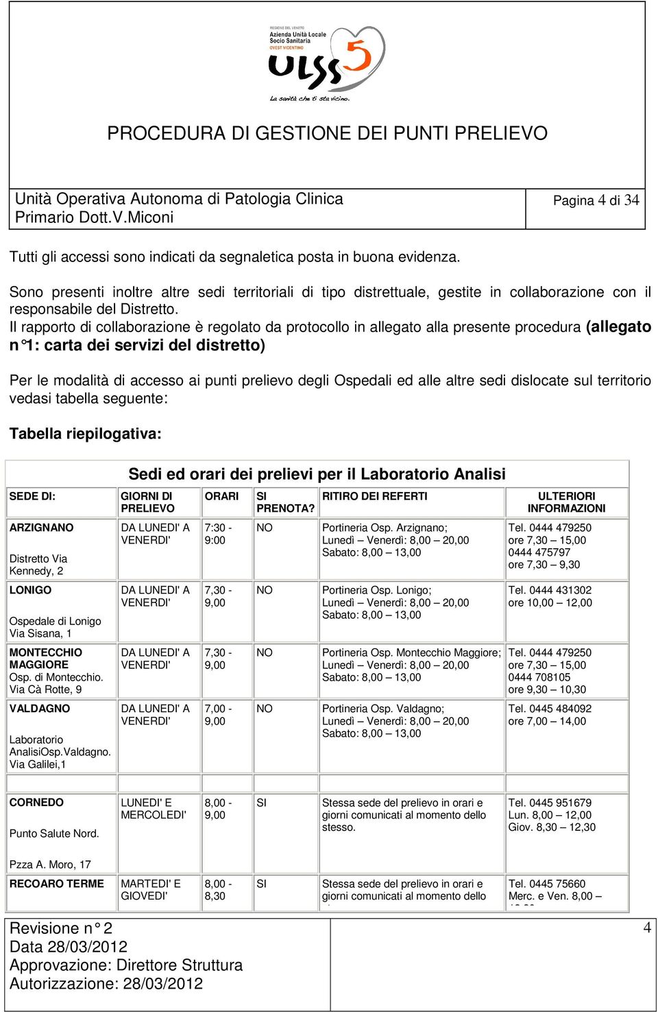 Il rapporto di collaborazione è regolato da protocollo in allegato alla presente procedura (allegato n 1: carta dei servizi del distretto) Per le modalità di accesso ai punti prelievo degli Ospedali