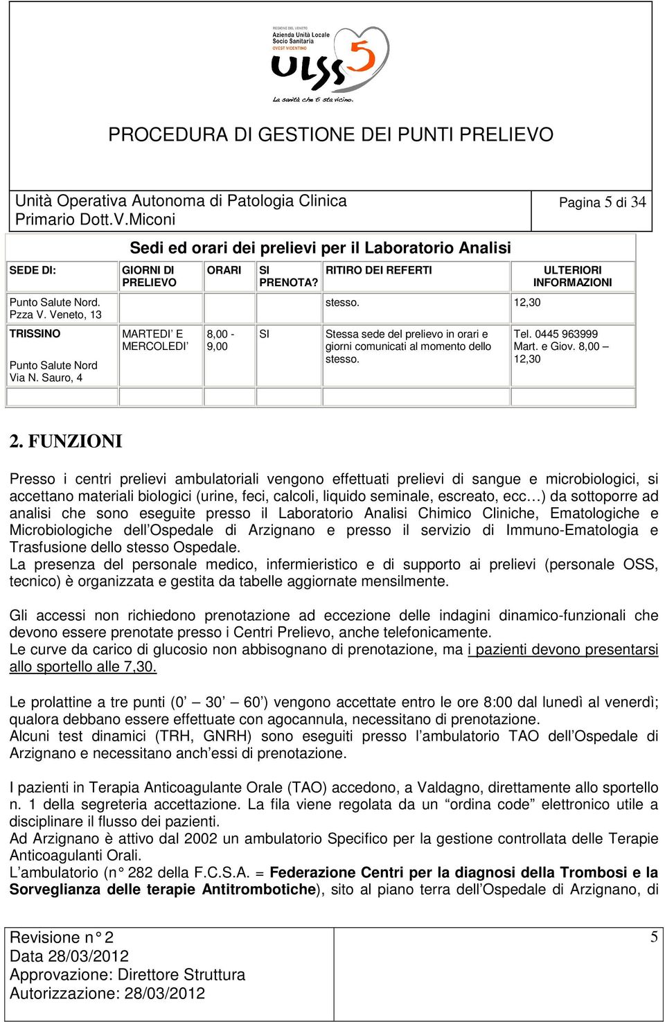 12,30 Stessa sede del prelievo in orari e giorni comunicati al momento dello stesso. Pagina 5 di 34 ULTERIORI INFORMAZIONI Tel. 0445 963999 Mart. e Giov. 8,00 12,30 2.