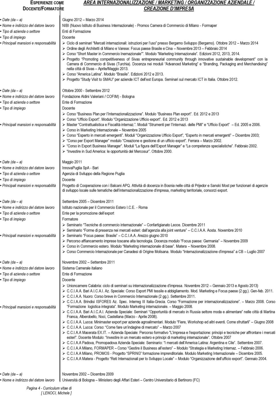 (Bergamo). Ottobre 2012 Marzo 2014 Ordine degli Architetti di Milano e Varese: Focus paese Brasile e Cina Novembre 2013 Febbraio 2014 Corso Short Master in Commercio Inernazionale.