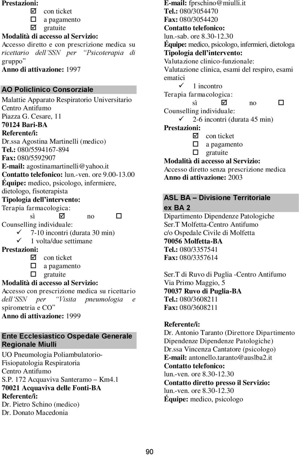 00 Équipe: medico, psicologo, infermiere, dietologo, fisoterapista 7-10 incontri (durata 30 min) 1 volta/due settimane dell SSN per Visita pneumologia e spirometria e CO Anno di attivazione: 1999