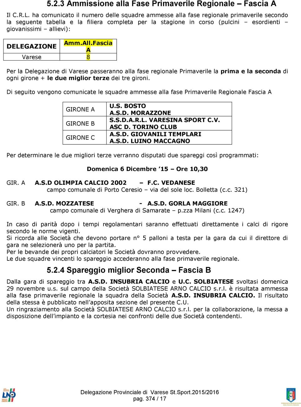 DELEGAZIONE Amm.All.Fascia A Varese 8 Per la Delegazione di Varese passeranno alla fase regionale Primaverile la prima e la seconda di ogni girone + le due miglior terze dei tre gironi.