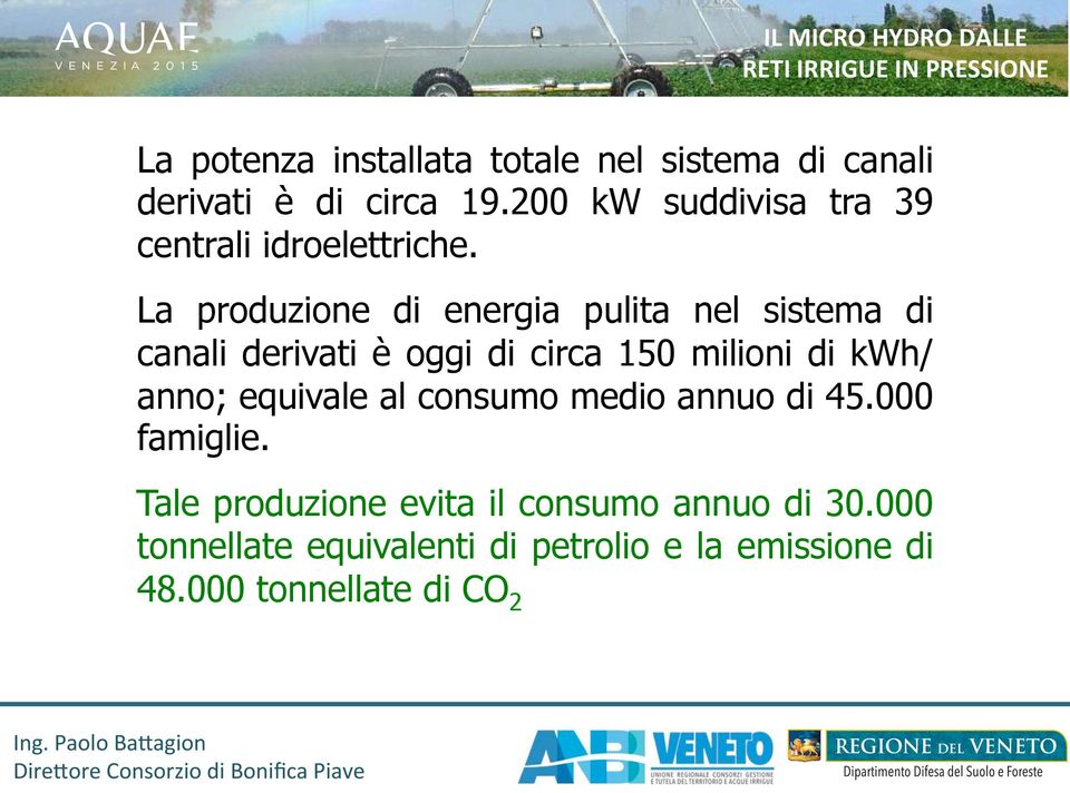 La produzione di energia pulita nel sistema di canali derivati è oggi di circa 150 milioni di kwh/ anno; equivale al consumo