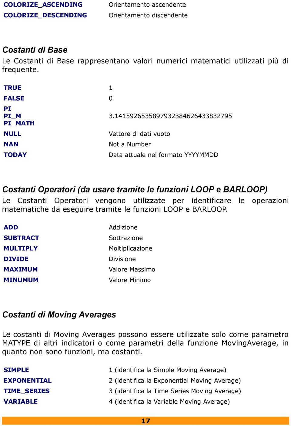 1415926535897932384626433832795 Vettore di dati vuoto Not a Number Data attuale nel formato YYYYMMDD Costanti Operatori (da usare tramite le funzioni LOOP e BARLOOP) Le Costanti Operatori vengono