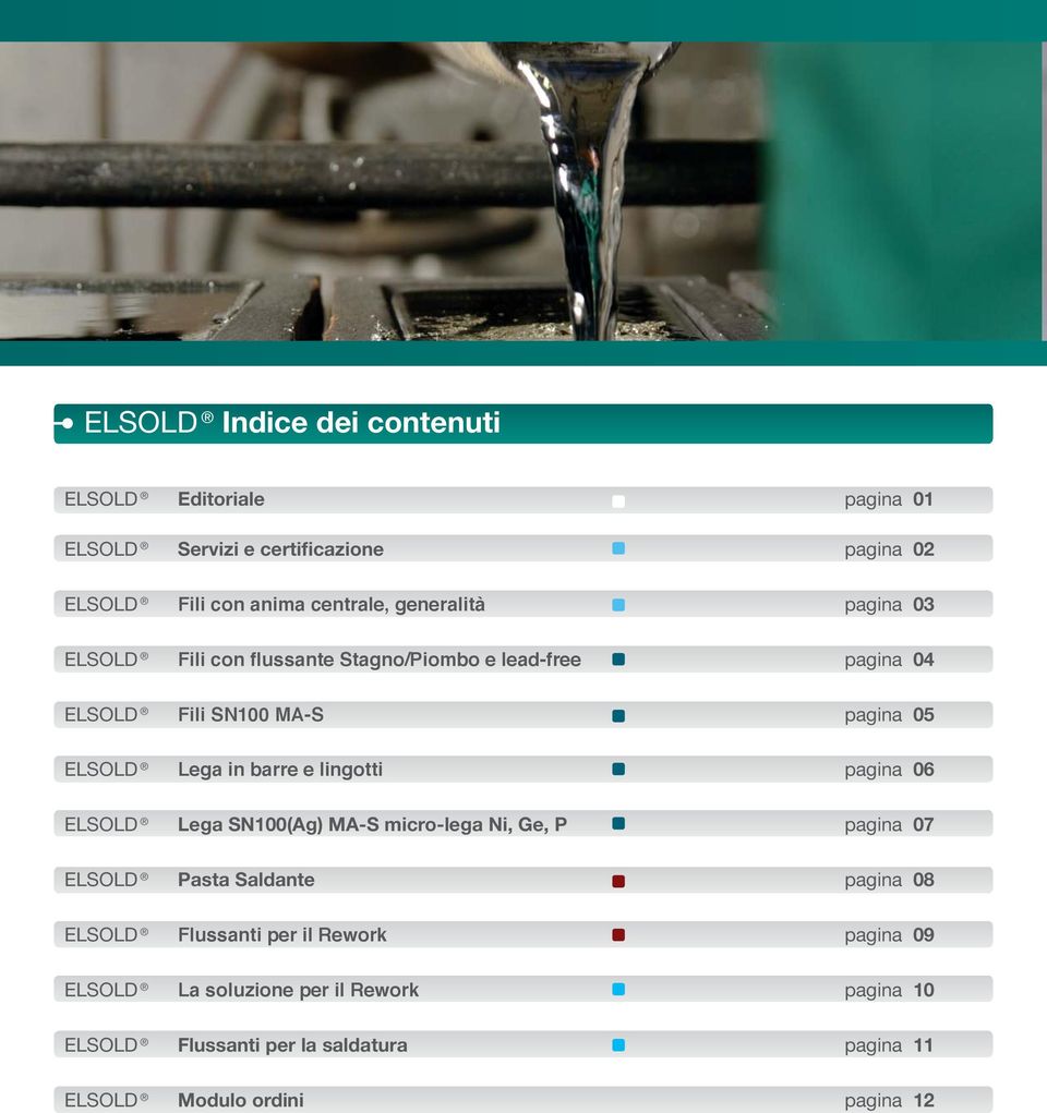 e lingotti pagina 06 ELSOLD SN100(Ag) MA- S micro- lega Ni, Ge, P pagina 07 ELSOLD Pasta Saldante pagina 08 ELSOLD Flussanti per il