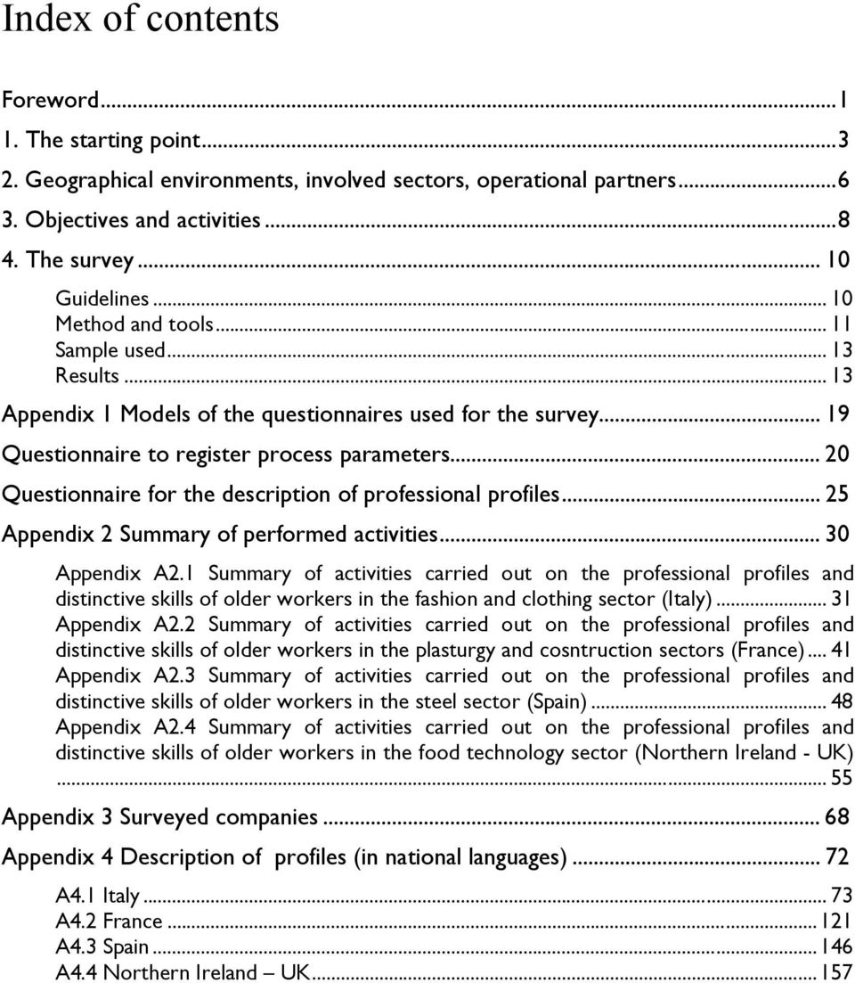 .. 20 Questionnaire for the description of professional profiles... 25 Appendix 2 Summary of performed activities... 30 Appendix A2.