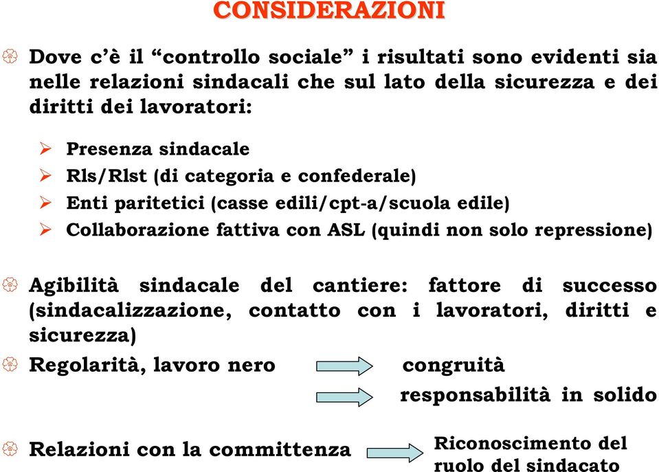 fattiva con ASL (quindi non solo repressione) Agibilità sindacale del cantiere: fattore di successo (sindacalizzazione, contatto con i