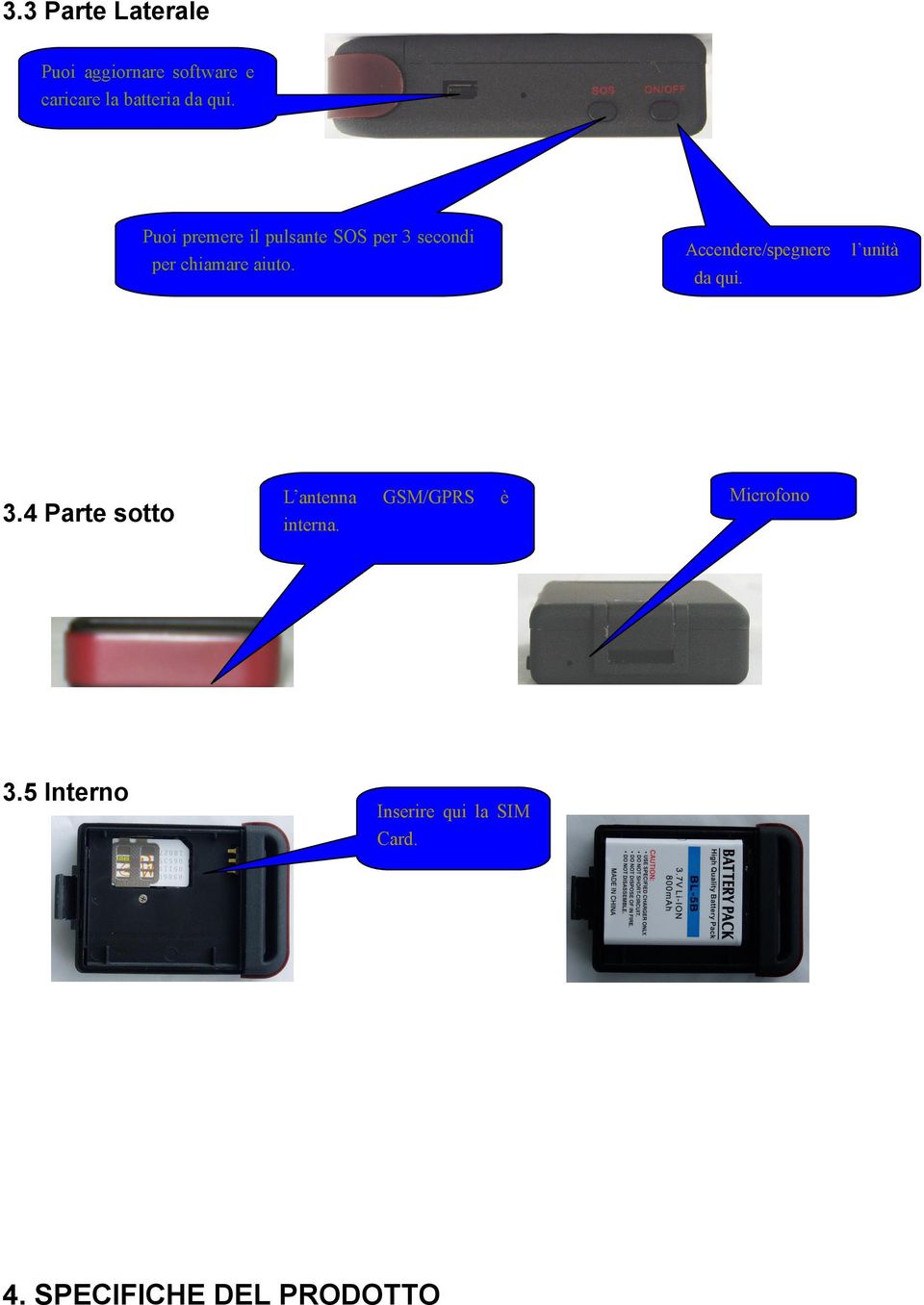 5 Interno L antenna interna. GSM/GPRS Accendere/spegnere da qui.