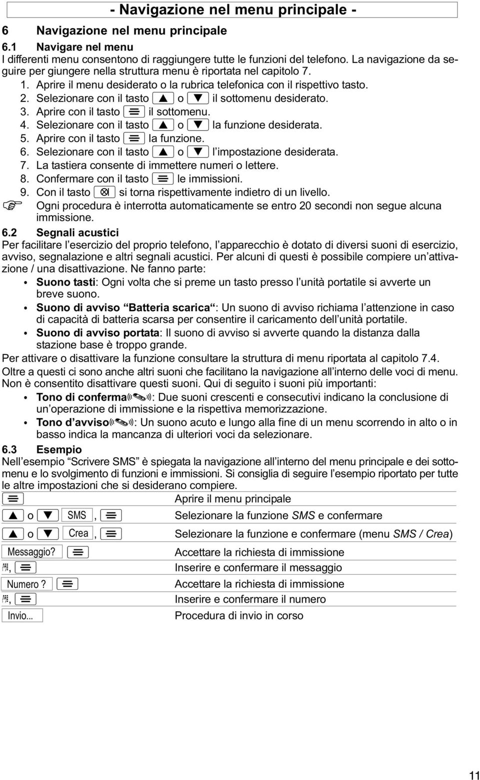 Selezionare con il tasto o il sottomenu desiderato. 3. Aprire con il tasto il sottomenu. 4. Selezionare con il tasto o la funzione desiderata. 5. Aprire con il tasto la funzione. 6.