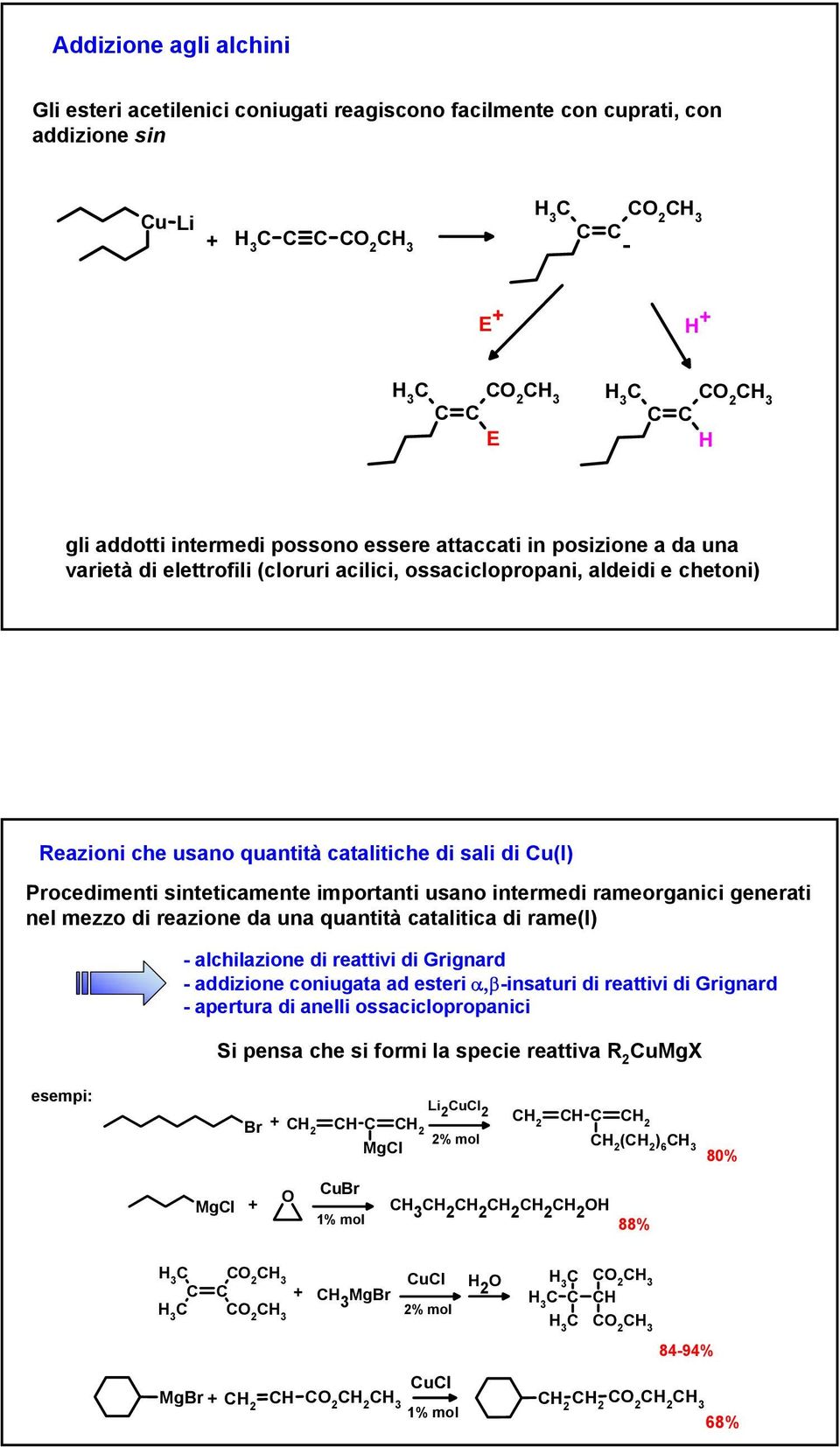 rameorganici generati nel mezzo di reazione da una quantità catalitica di rame(i) - alchilazione di reattivi di Grignard - addizione coniugata ad esteri α,β-insaturi di reattivi di Grignard -