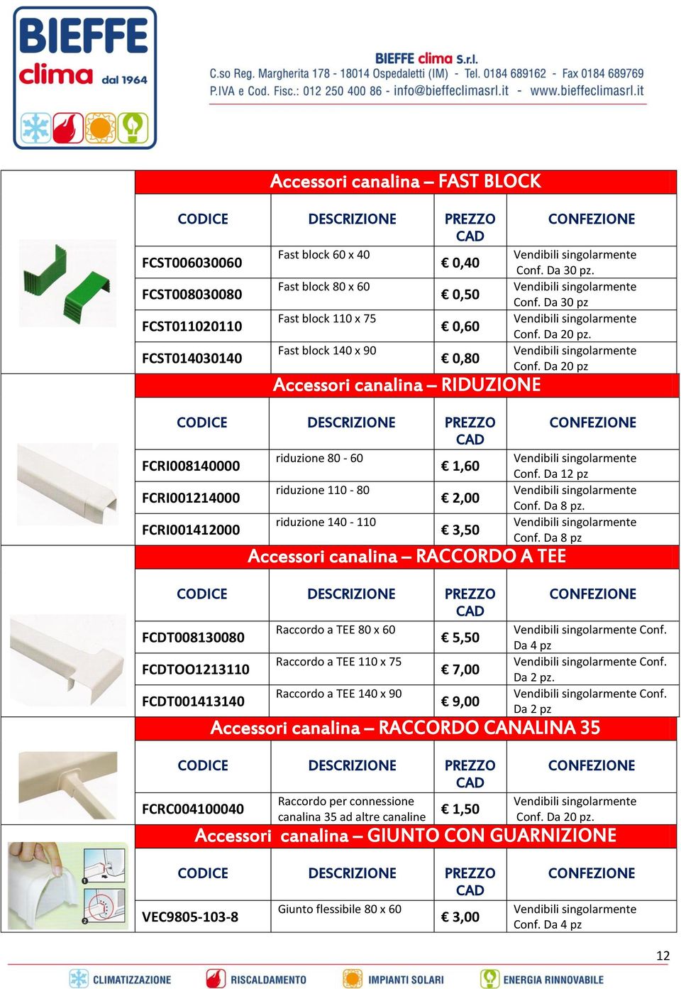 FCDT001413140 Raccordo a TEE 80 x 60 Raccordo a TEE 110 x 75 Raccordo a TEE 140 x 90 5,50 7,00 9,00 Conf. Da 30 pz. Conf. Da 30 pz Conf. Da 20 pz. Conf. Da 20 pz Conf. Da 12 pz Conf. Da 8 pz. Conf. Da 8 pz Conf.