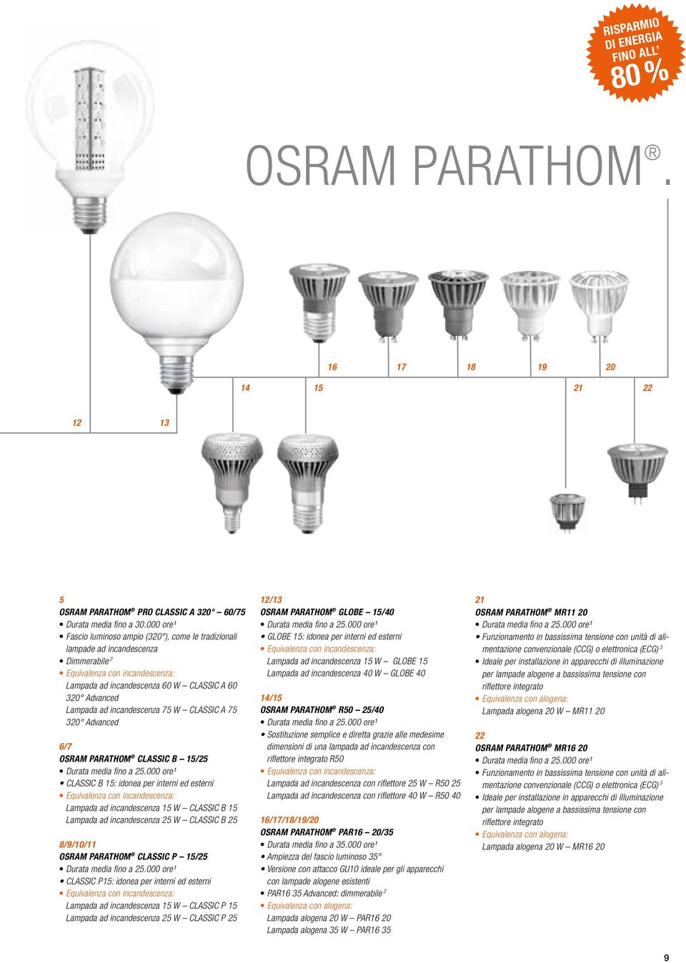 incandescenza 75 W CLASSIC A 75 320 Advanced 6/7 OSRAM PARATHOM CLASSIC B 15/25 Durata media fino a 25.