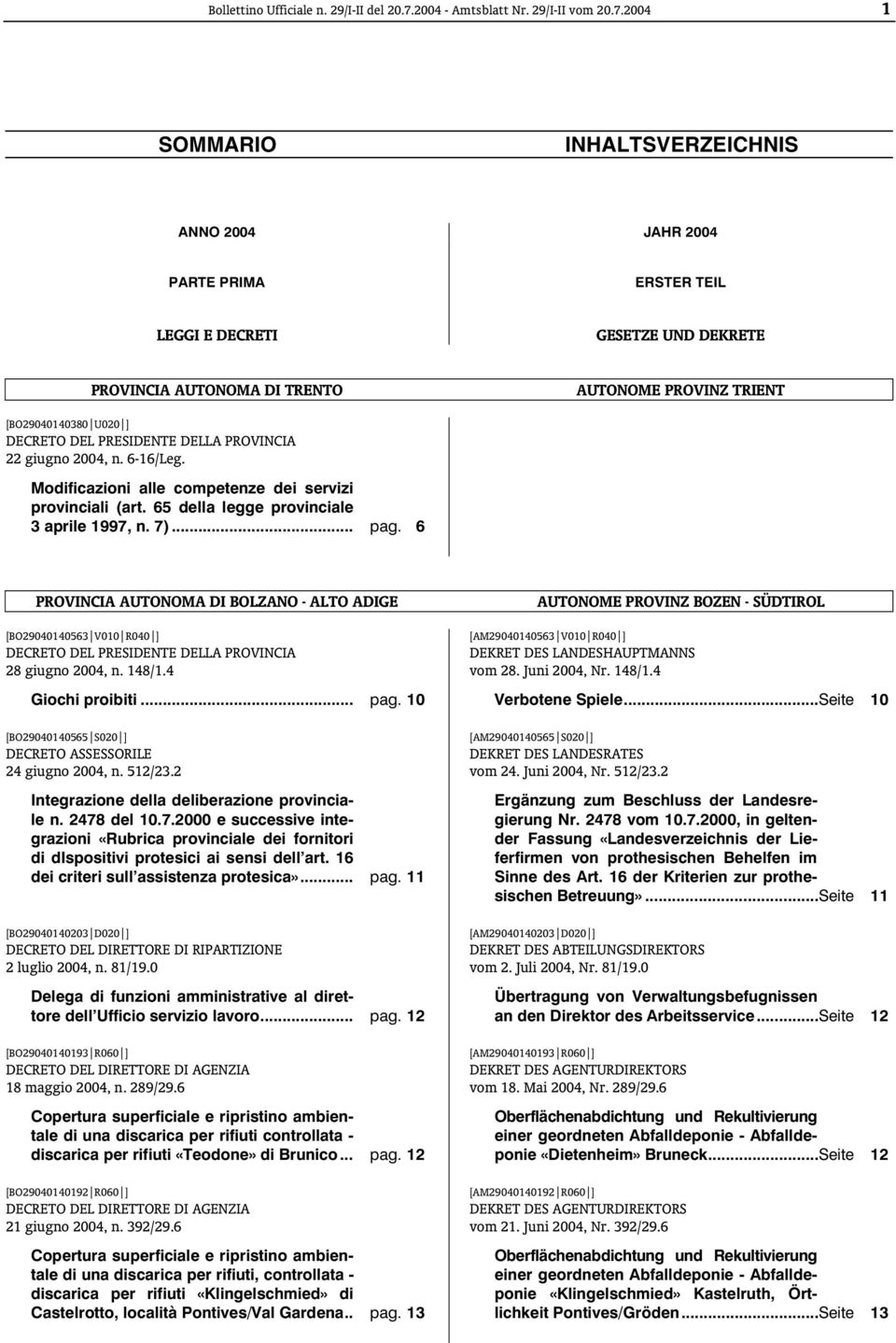 2004 1 SOMMARIO INHALTSVERZEICHNIS ANNO 2004 JAHR 2004 PARTE PRIMA ERSTER TEIL LEGGI E DECRETI GESETZE UND DEKRETE PROVINCIA AUTONOMA DI TRENTO AUTONOME PROVINZ TRIENT [BO29040140380 U020 ] DECRETO