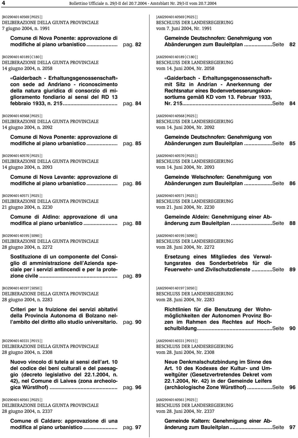 2058 «Gaiderbach - Erhaltungsgenossenschaft» con sede ad Andriano - riconoscimento della natura giuridica di consorzio di miglioramento fondiario ai sensi del RD 13 febbraio 1933, n. 215... pag.