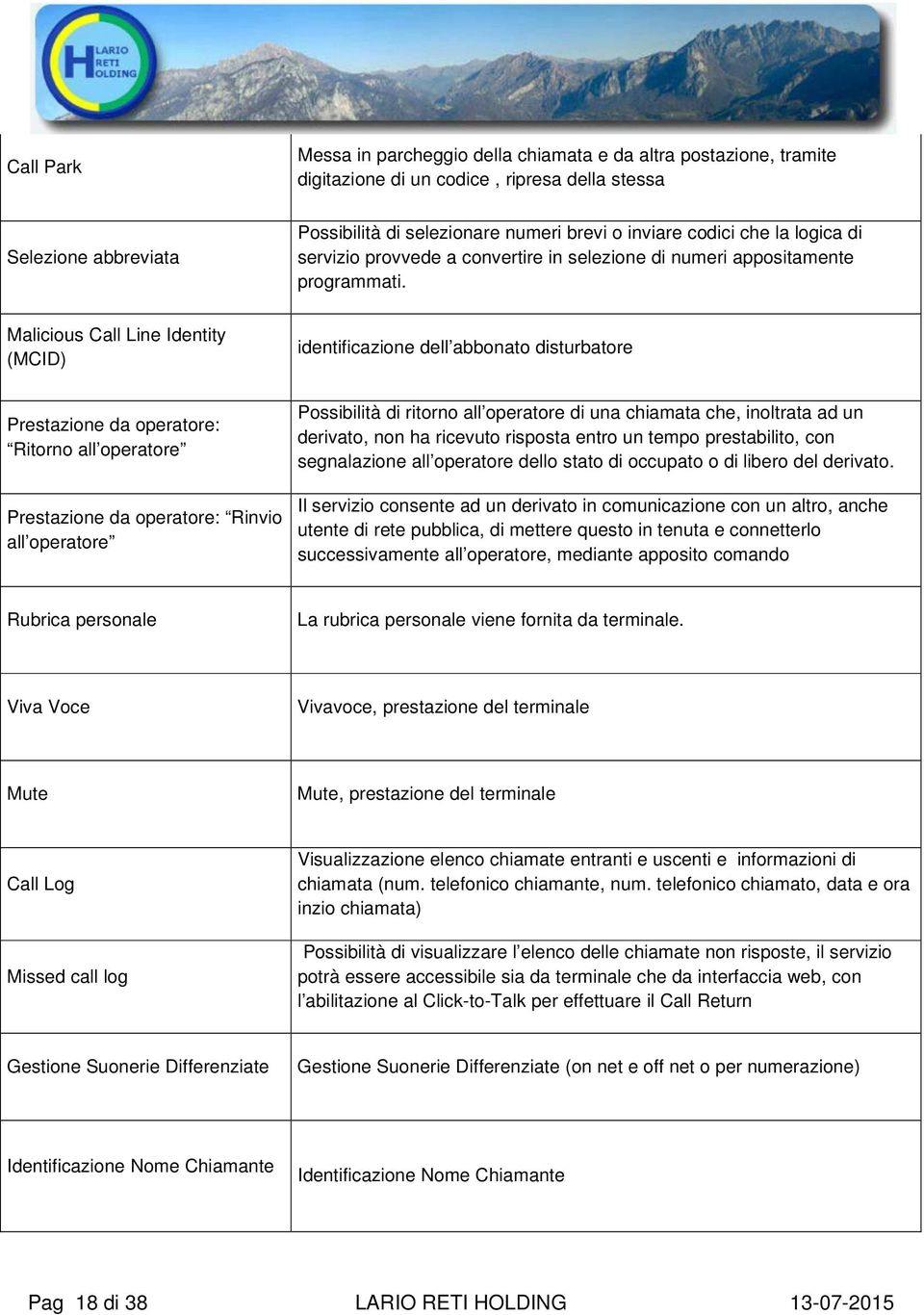 Malicious Call Line Identity (MCID) identificazione dell abbonato disturbatore Prestazione da operatore: Ritorno all operatore Prestazione da operatore: Rinvio all operatore Possibilità di ritorno