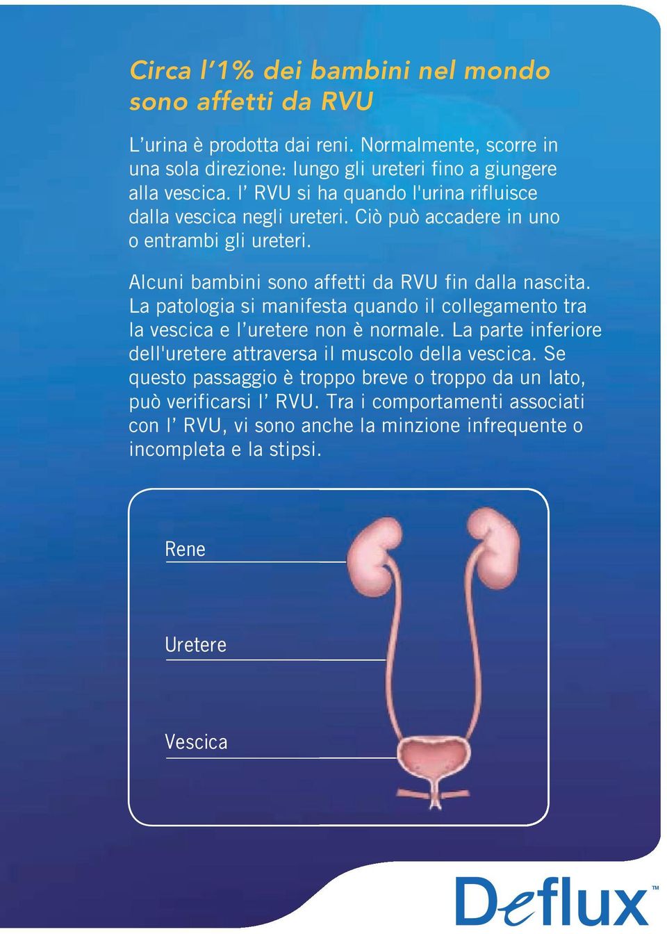 La patologia si manifesta quando il collegamento tra la vescica e l uretere non è normale. La parte inferiore dell'uretere attraversa il muscolo della vescica.