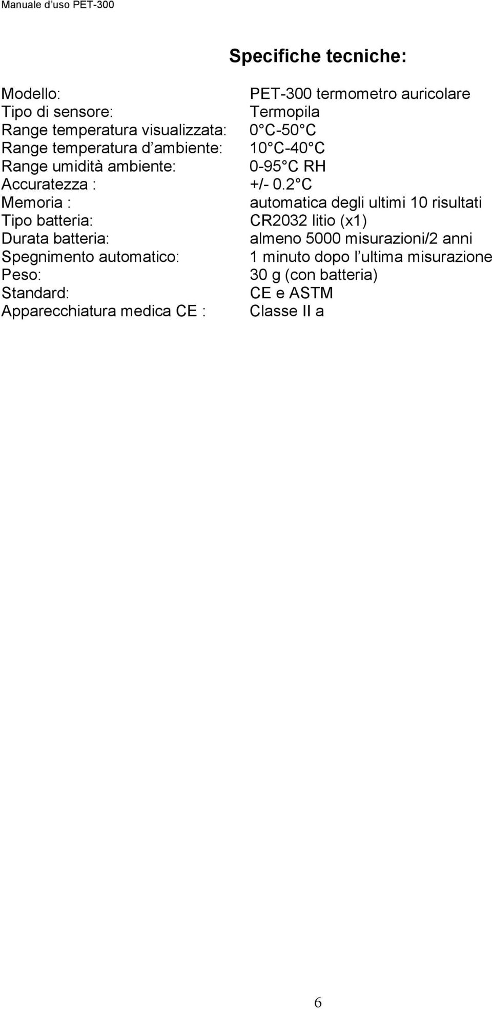 medica CE : PET-300 termometro auricolare Termopila 0 C-50 C 10 C-40 C 0-95 C RH +/- 0.