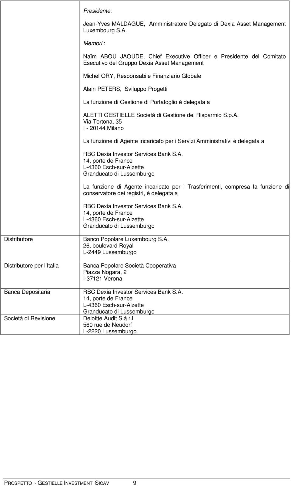 Michel ORY, Responsabile Finanziario Globale Alain PETERS, Sviluppo Progetti La funzione di Gestione di Portafoglio è delegata a ALETTI GESTIELLE Società di Gestione del Risparmio S.p.A. Via Tortona, 35 I - 20144 Milano La funzione di Agente incaricato per i Servizi Amministrativi è delegata a RBC Dexia Investor Services Bank S.
